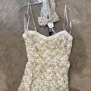 Floral Yellow and White dress with Hair bow